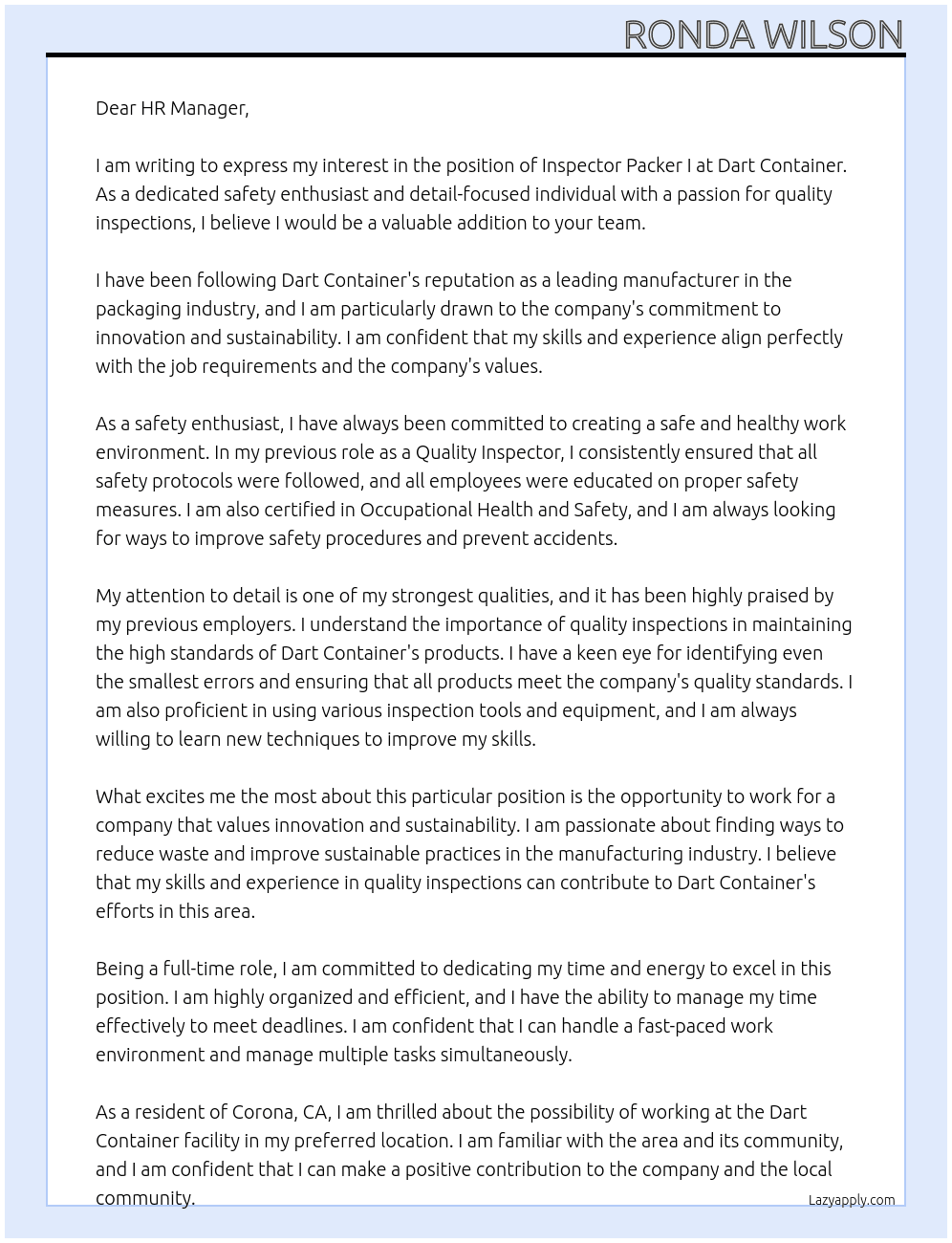 Inspector Packer I At Dart Container Cover Letter