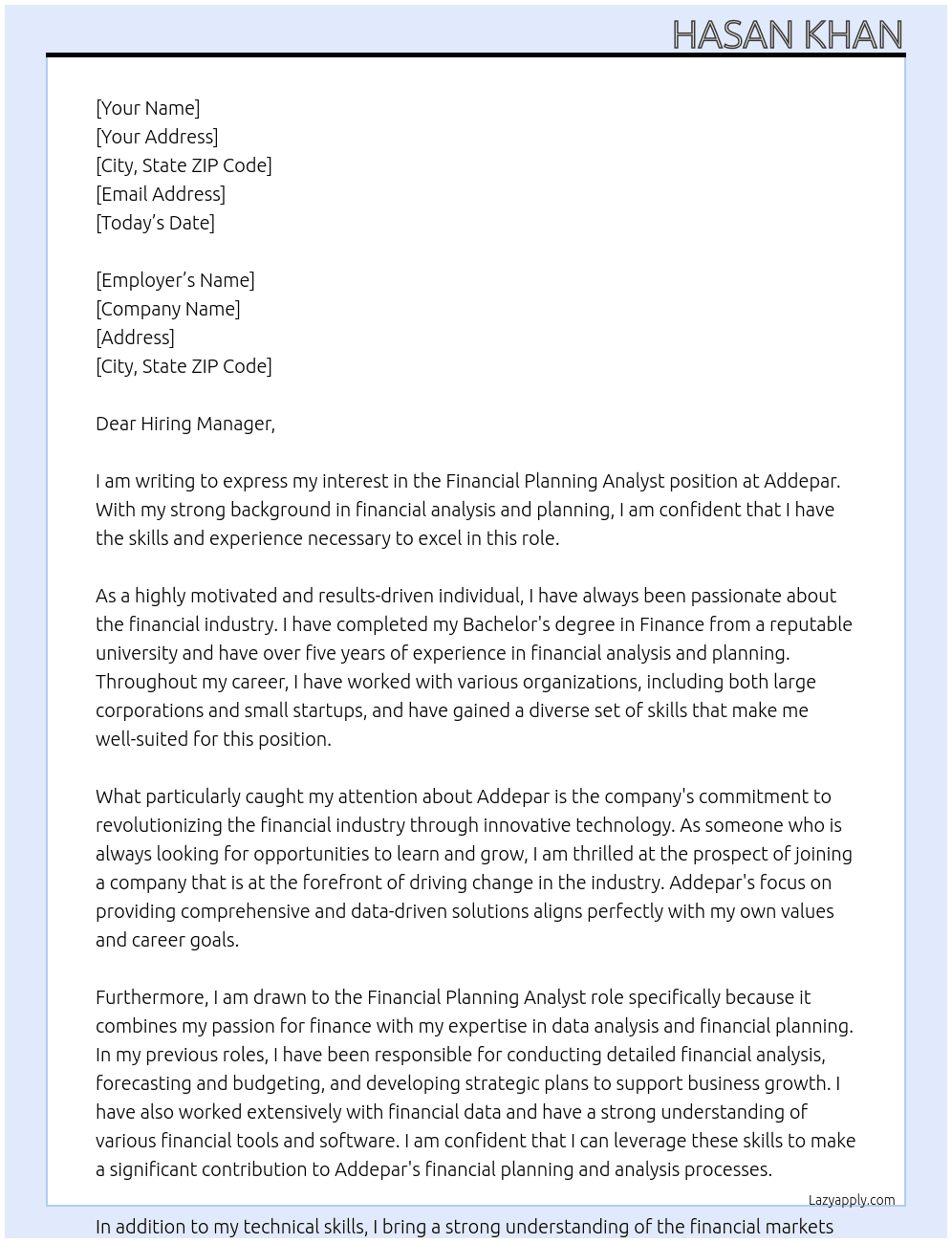 Financial Planning Analyst At Addepar Cover Letter