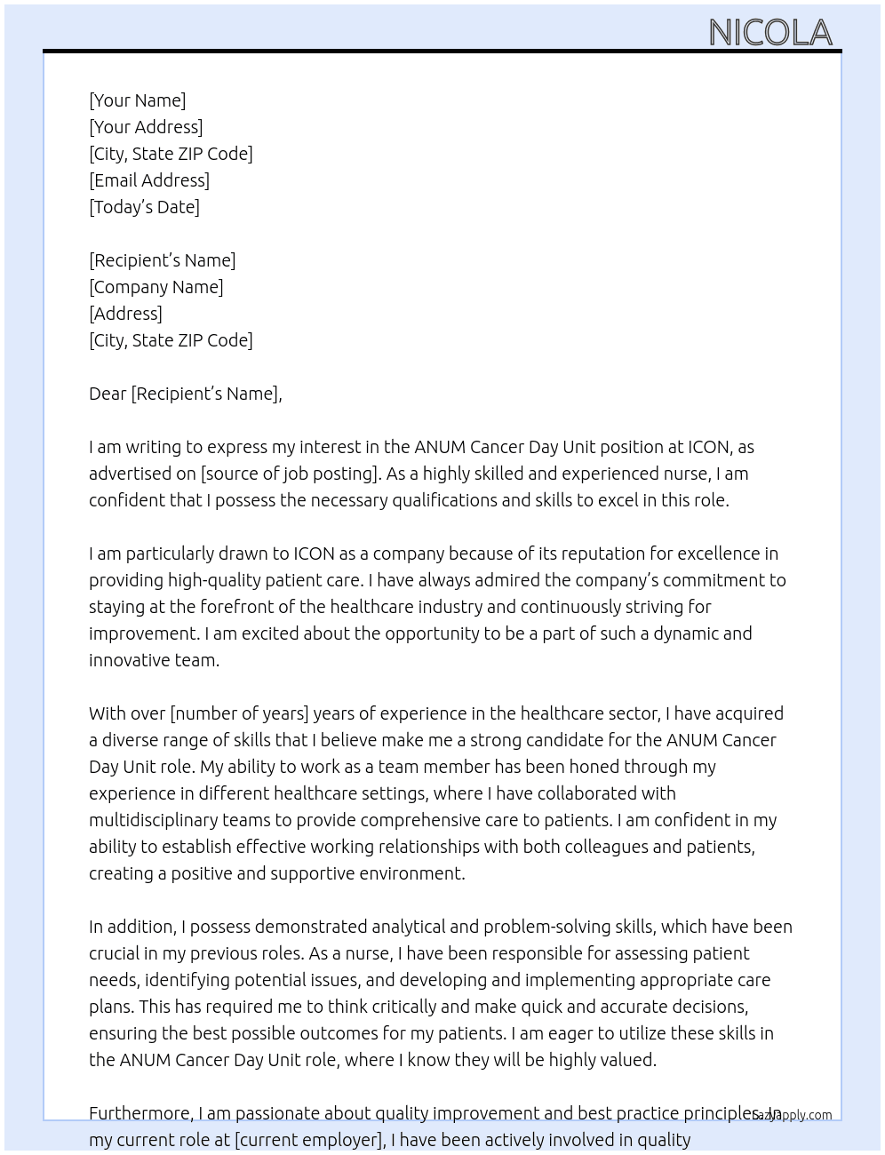 ANUM Cancer Day Unit  At ICON  Cover Letter