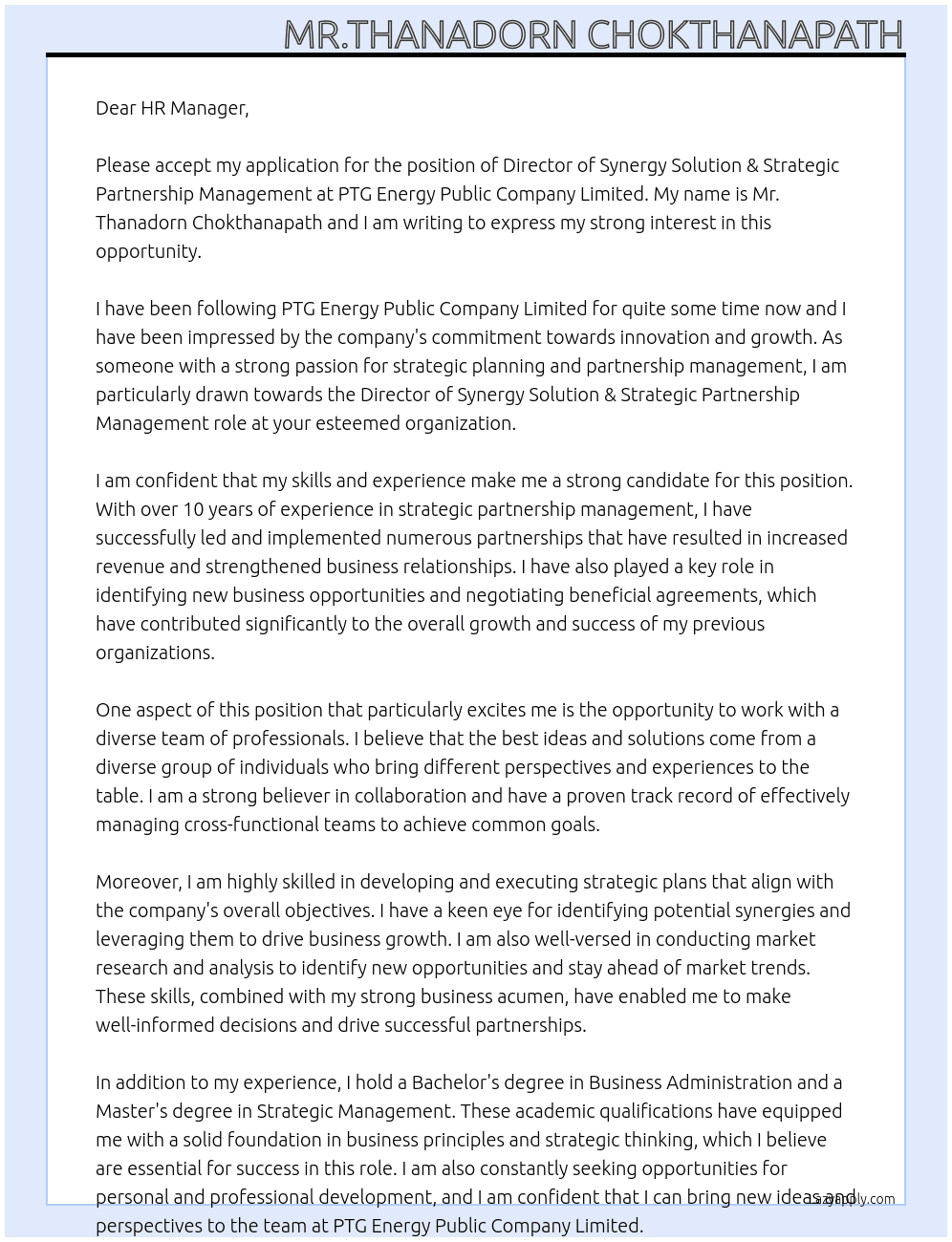 Director of Synergy Solution & Strategic Partnership Management At PTG Energy Public Company Limited Cover Letter