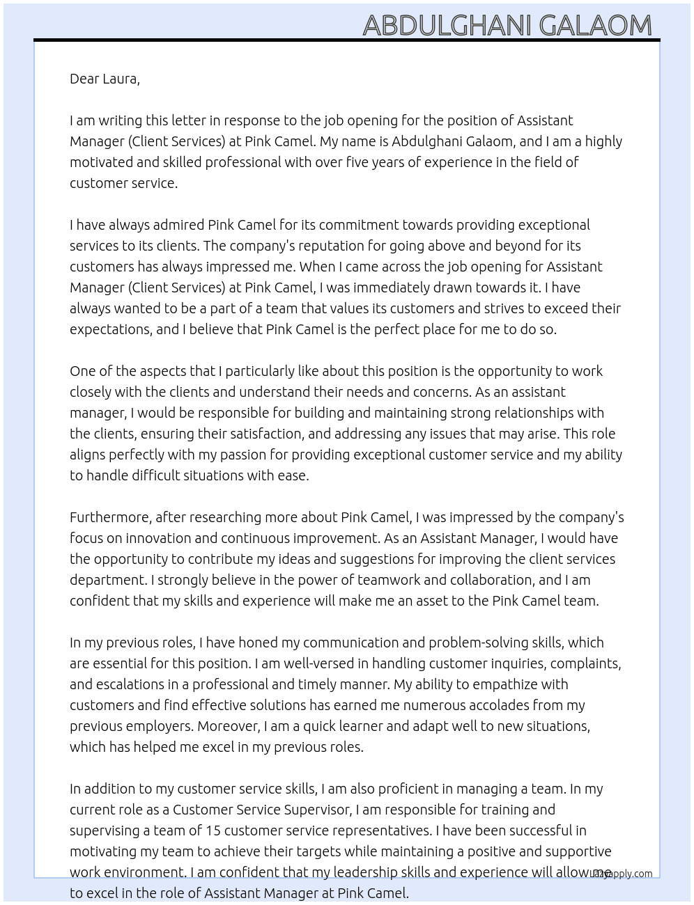 	Assistant Manager (Client Services) At pink camel Cover Letter