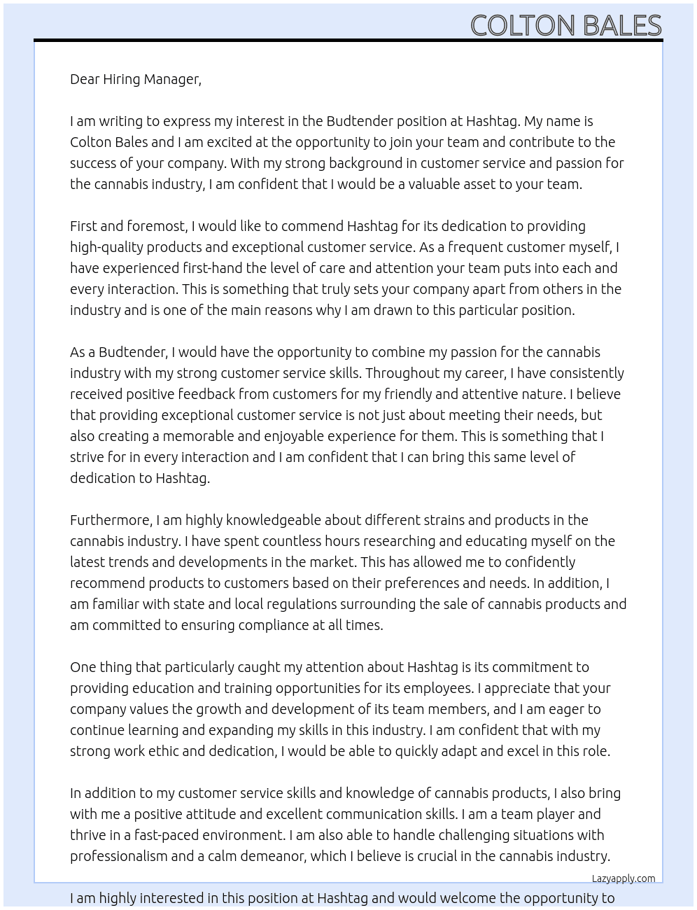 Budtender At Hashtag Cover Letter
