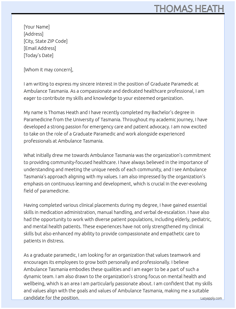 Graduate Paramedic At Ambulance Tasmania Cover Letter