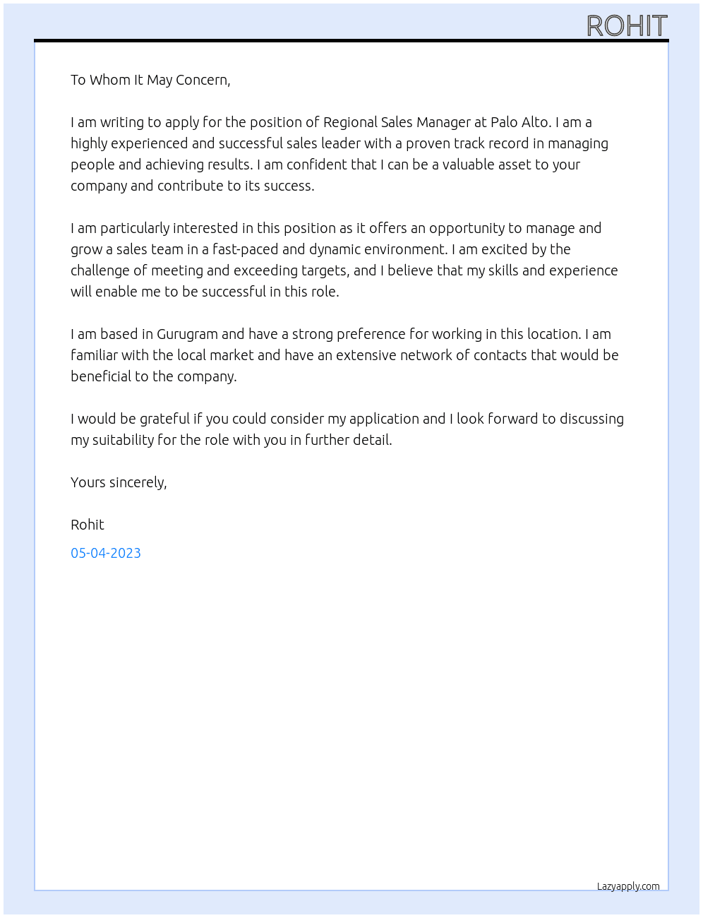 Regional Sales Manager At Palo Alto Cover Letter