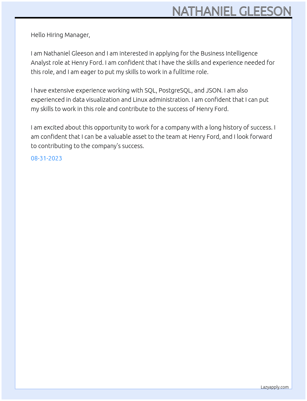 Business Intelligence Analyst At Henry Ford Cover Letter