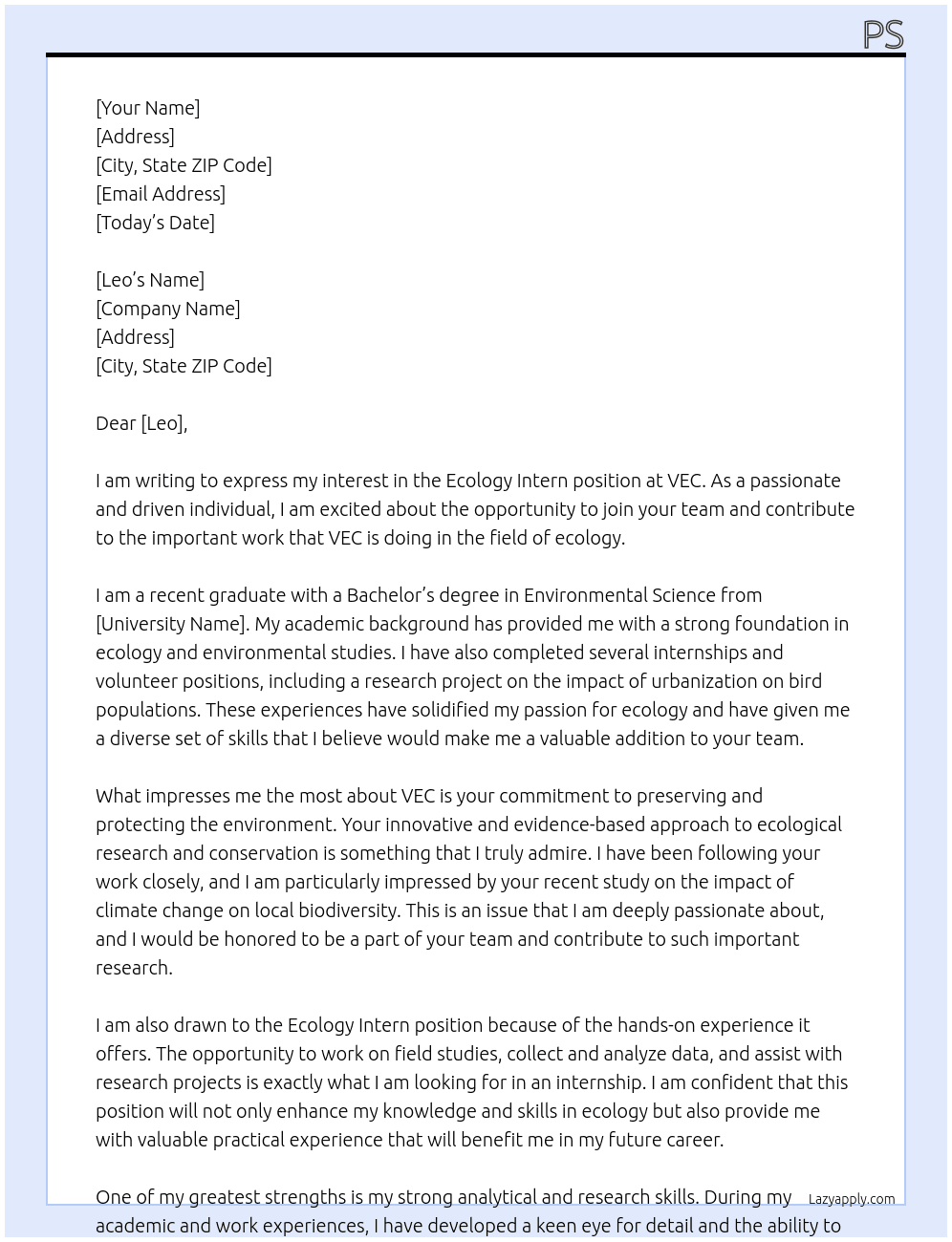 Ecology Intern At VEC Cover Letter