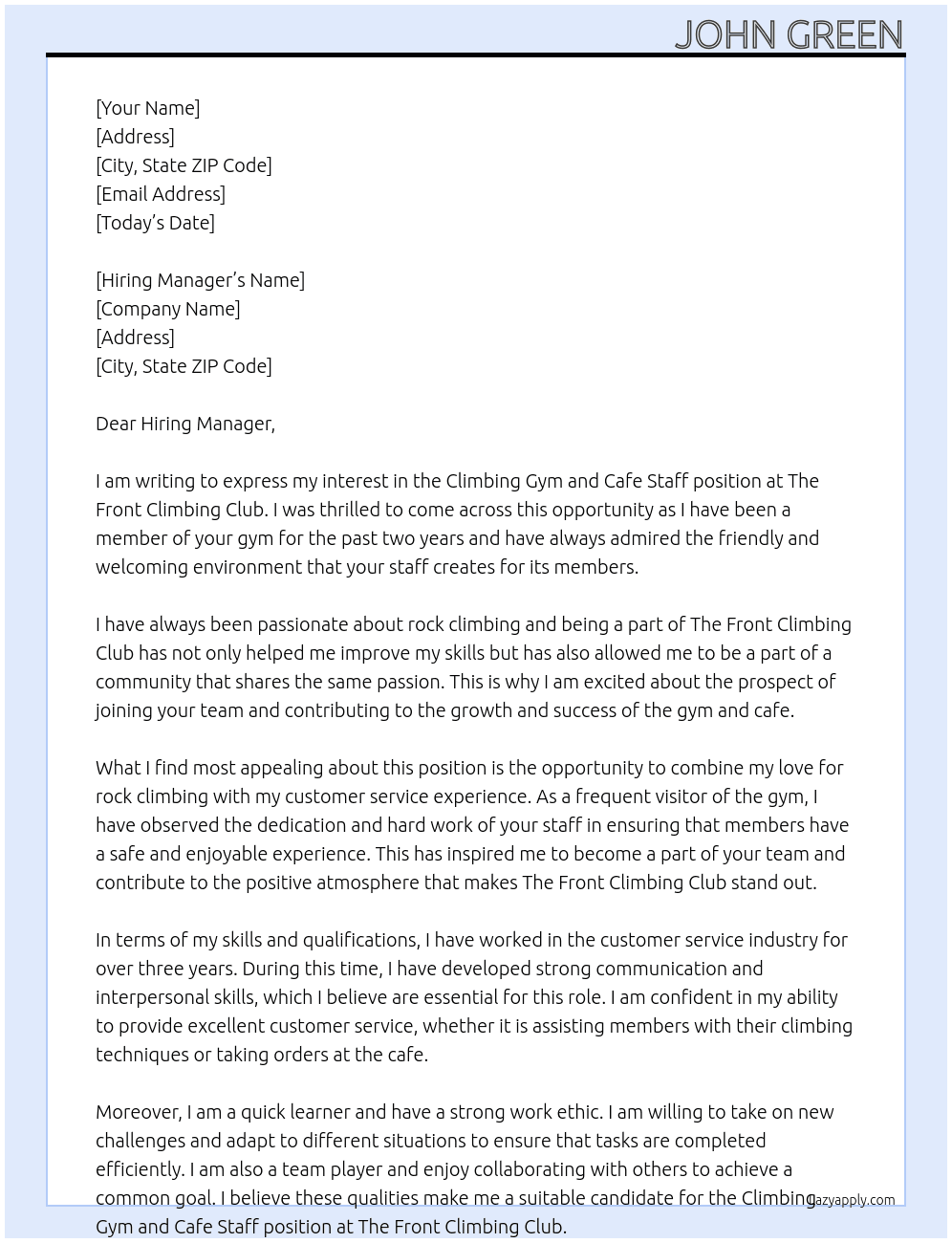 Climbing gym and cafe staff At The Front Climbing Club Cover Letter