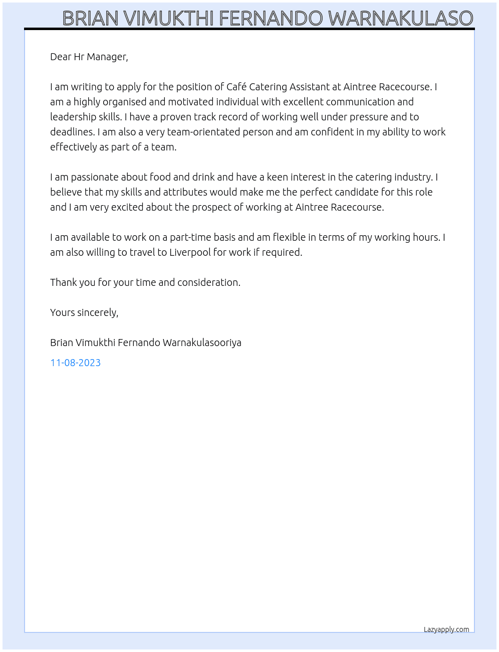 Café Catering Assistant At Aintree Racecourse Cover Letter