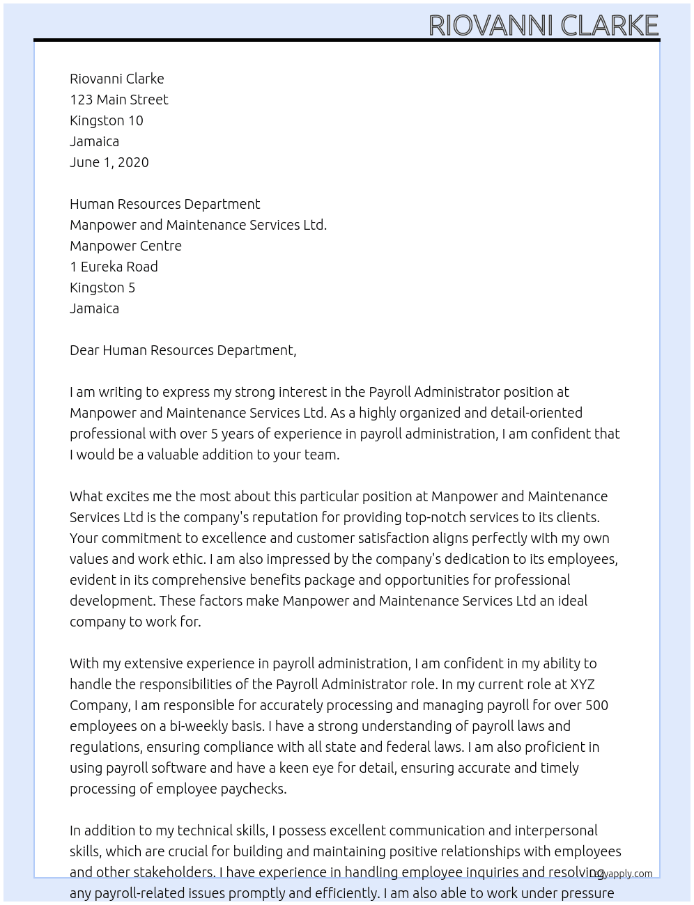 Payroll Administrator At Manpower and Maintenance Services Ltd Cover Letter