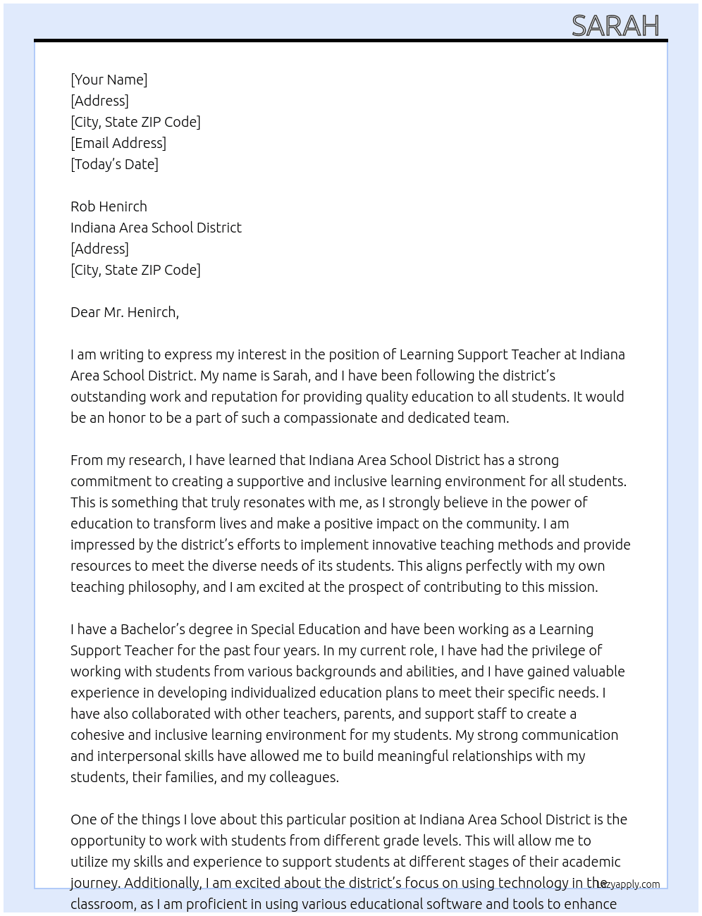 learning support teacher  At Indiana Area School District  Cover Letter