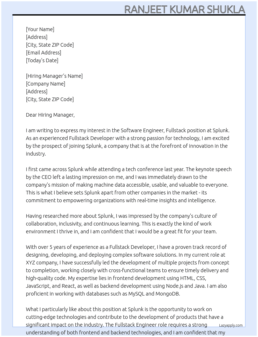 Software Engineer,Fullstack At Splunk Cover Letter