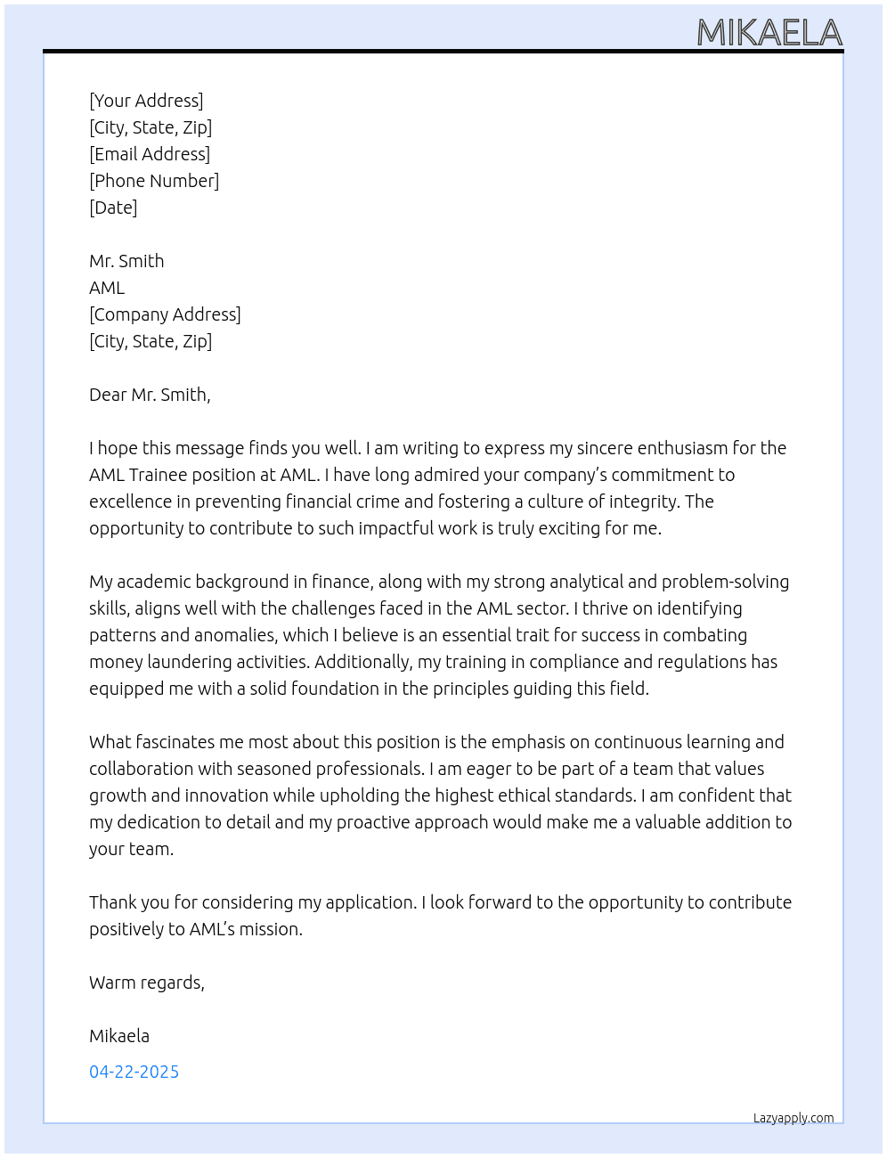 Cover letter for aml trainee - LazyApply
