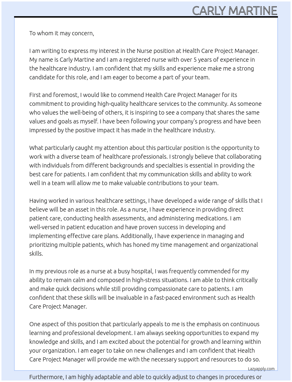 Nurse At Health Care Project Manager Cover Letter