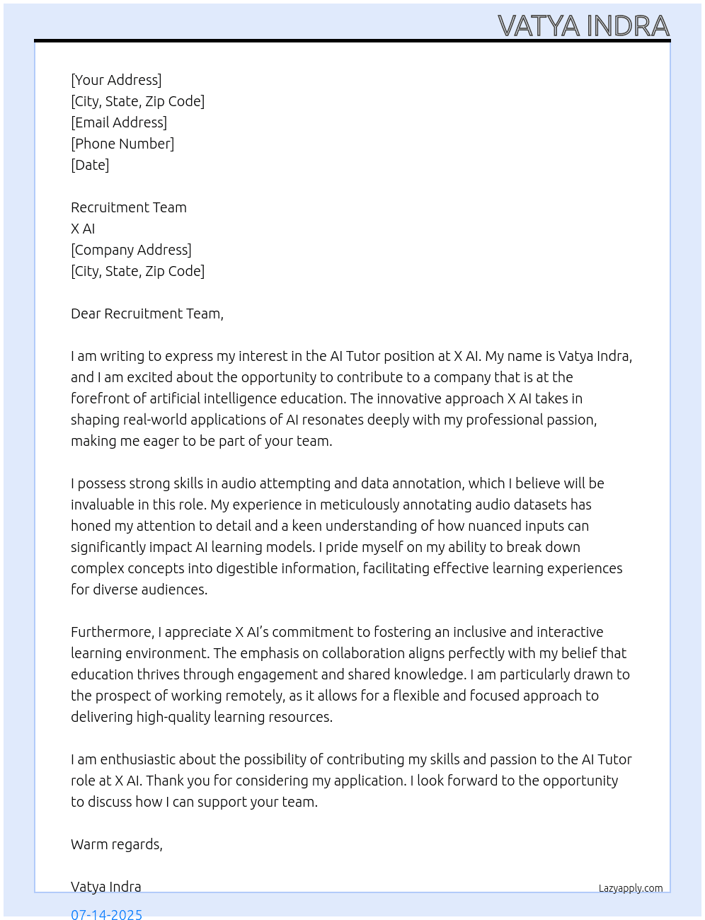 AI Tutor At X AI Cover Letter