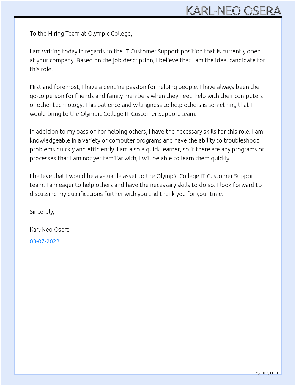 IT Customer Support At Olympic College Cover Letter