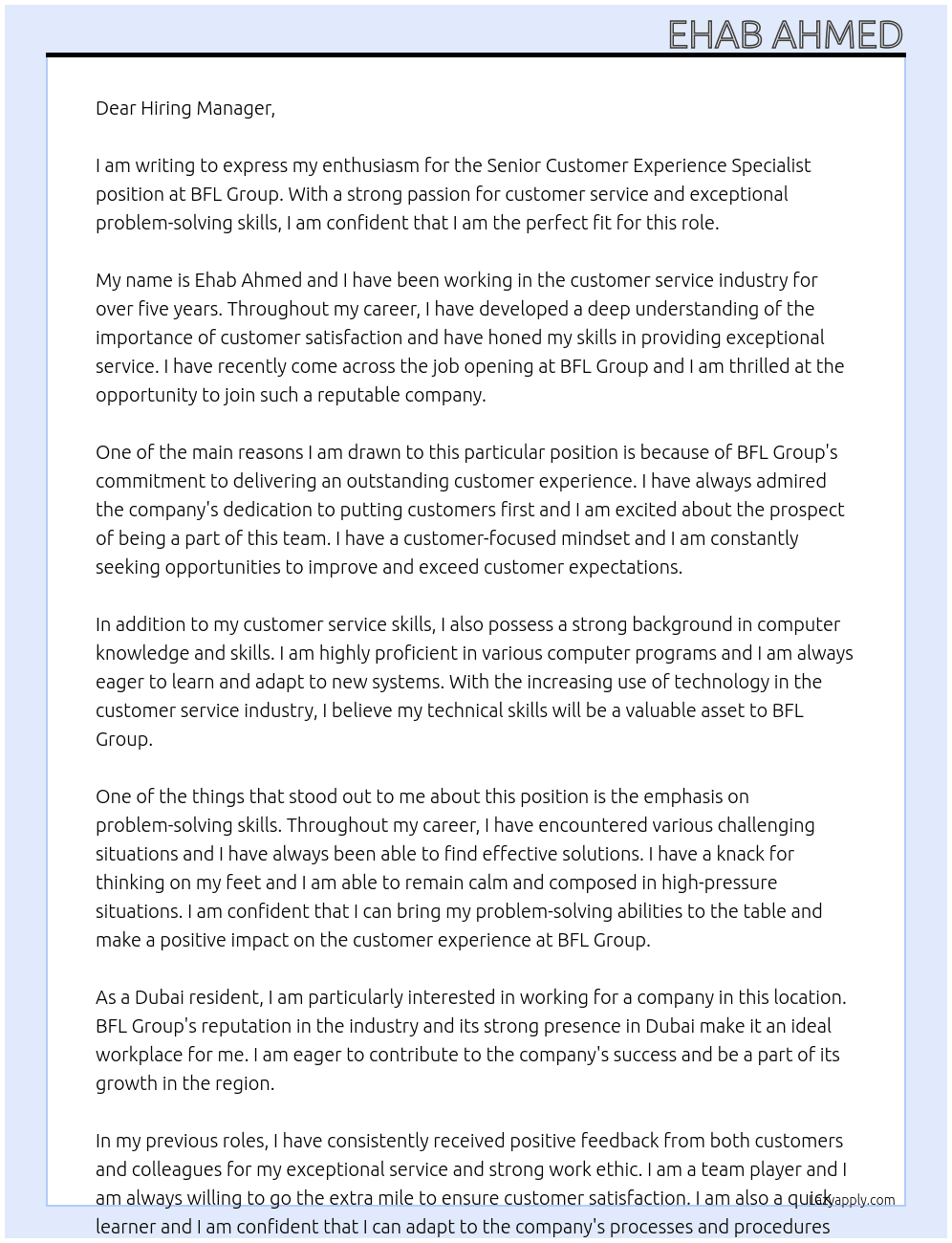 Senior Customer Experience Specialist At BFL Group Cover Letter
