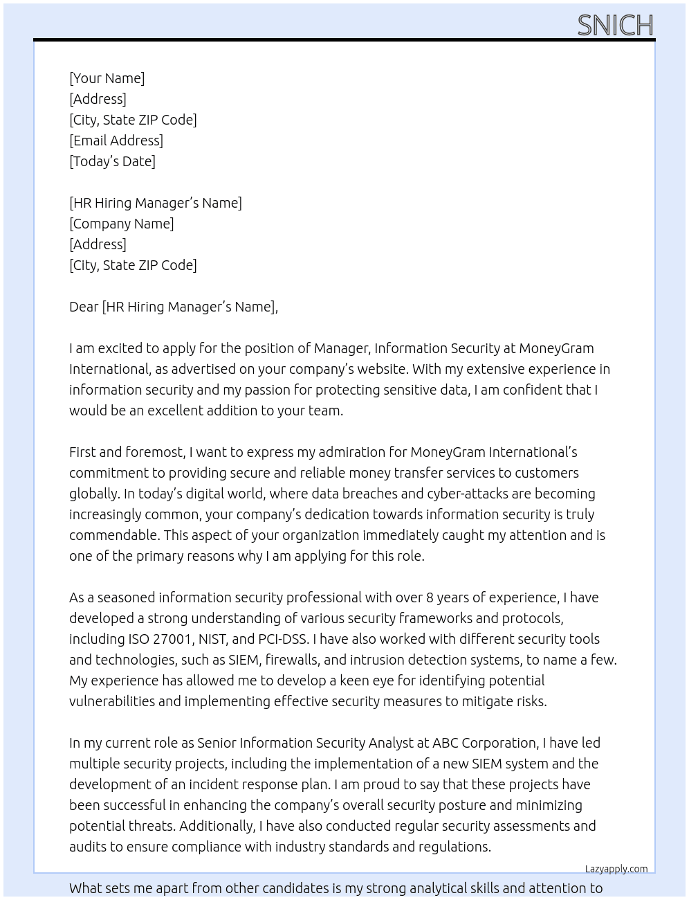 Manager, Information Security At MoneyGram International Cover Letter