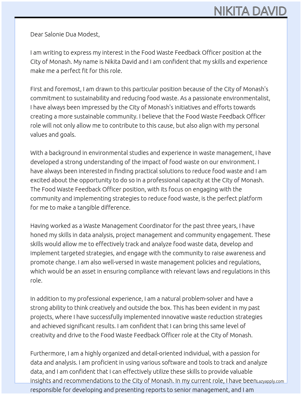 Food Waste Feedback Officer At City of Monash Cover Letter