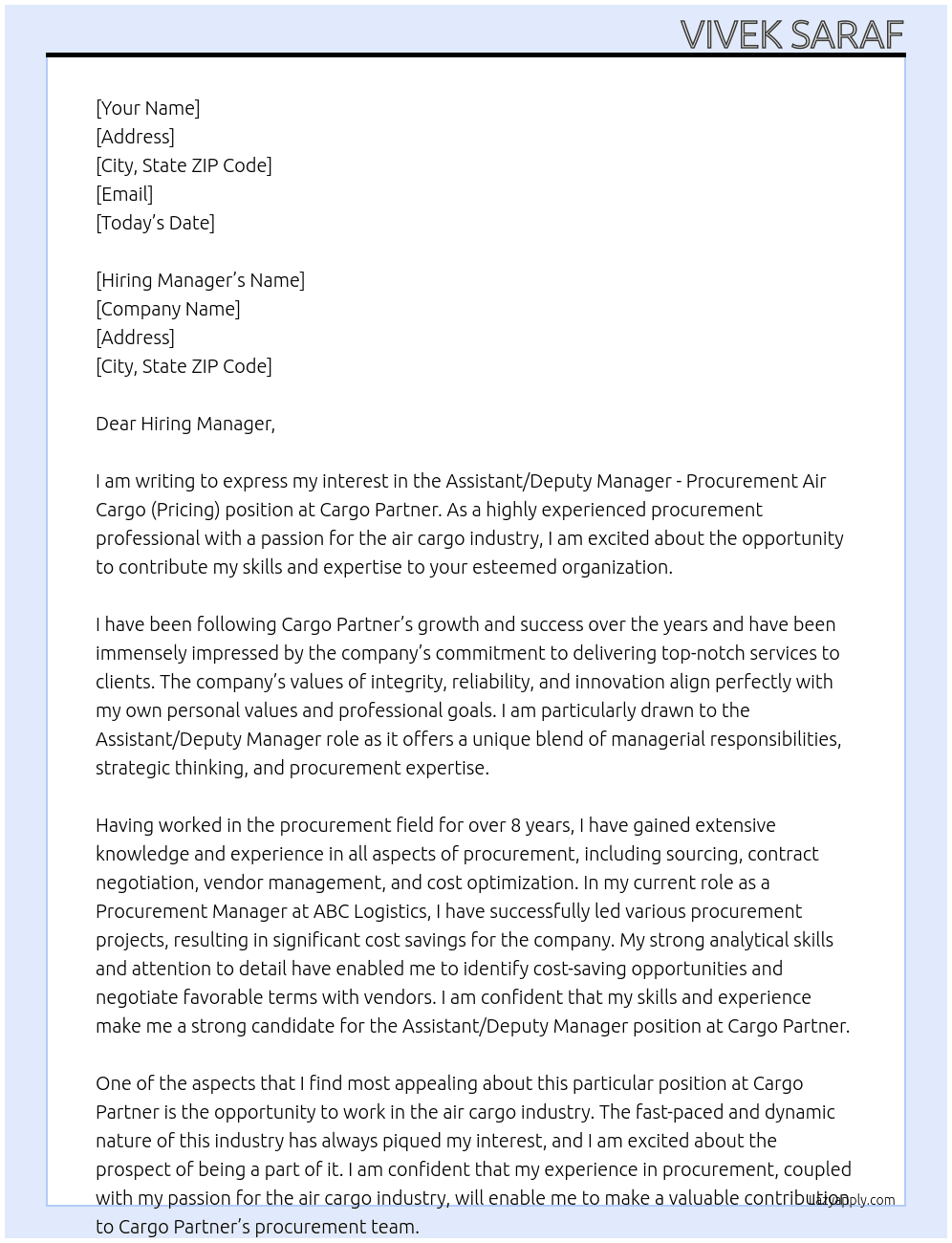 Assistant / Deputy Manager - Procurement Air Cargo (Pricing) At Cargo Partner Cover Letter