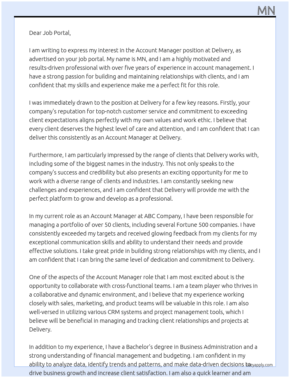 Account Manager At Delivery Cover Letter