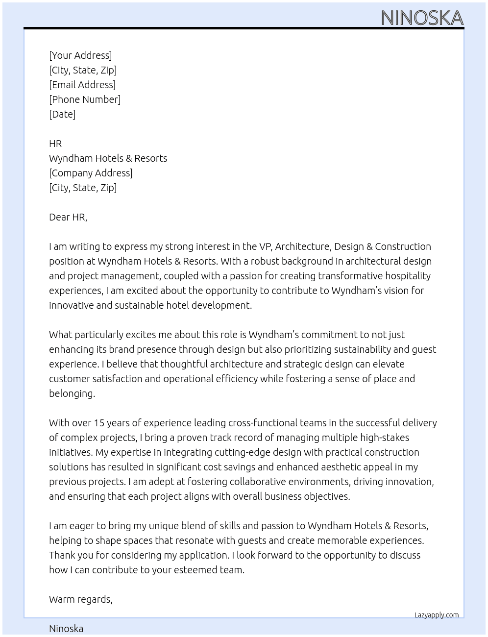 Cover letter for vp, architecture, design & construction - LazyApply