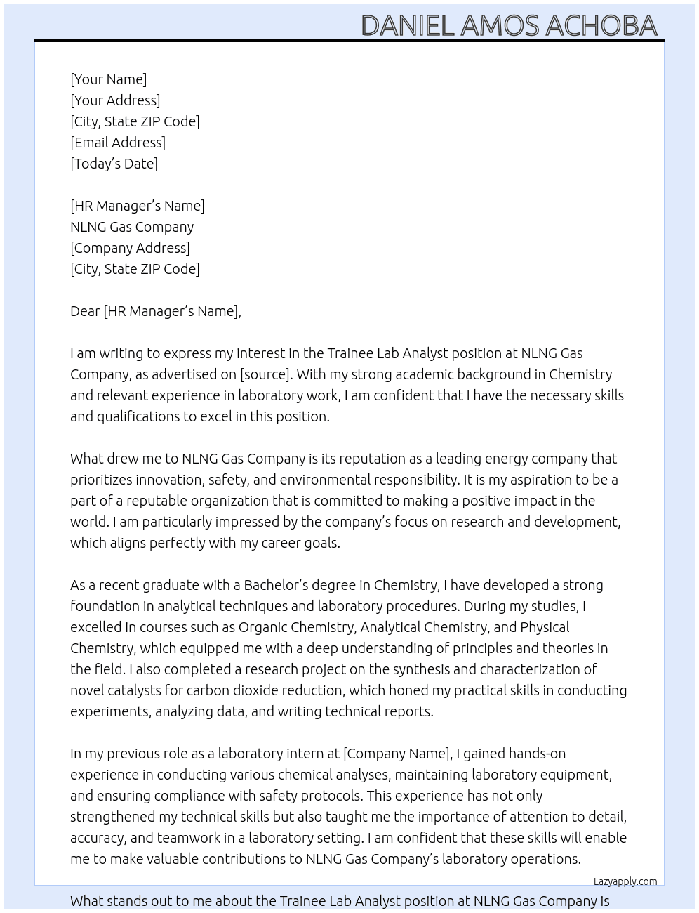 Trainee lab analyst  At Nlng gas company  Cover Letter