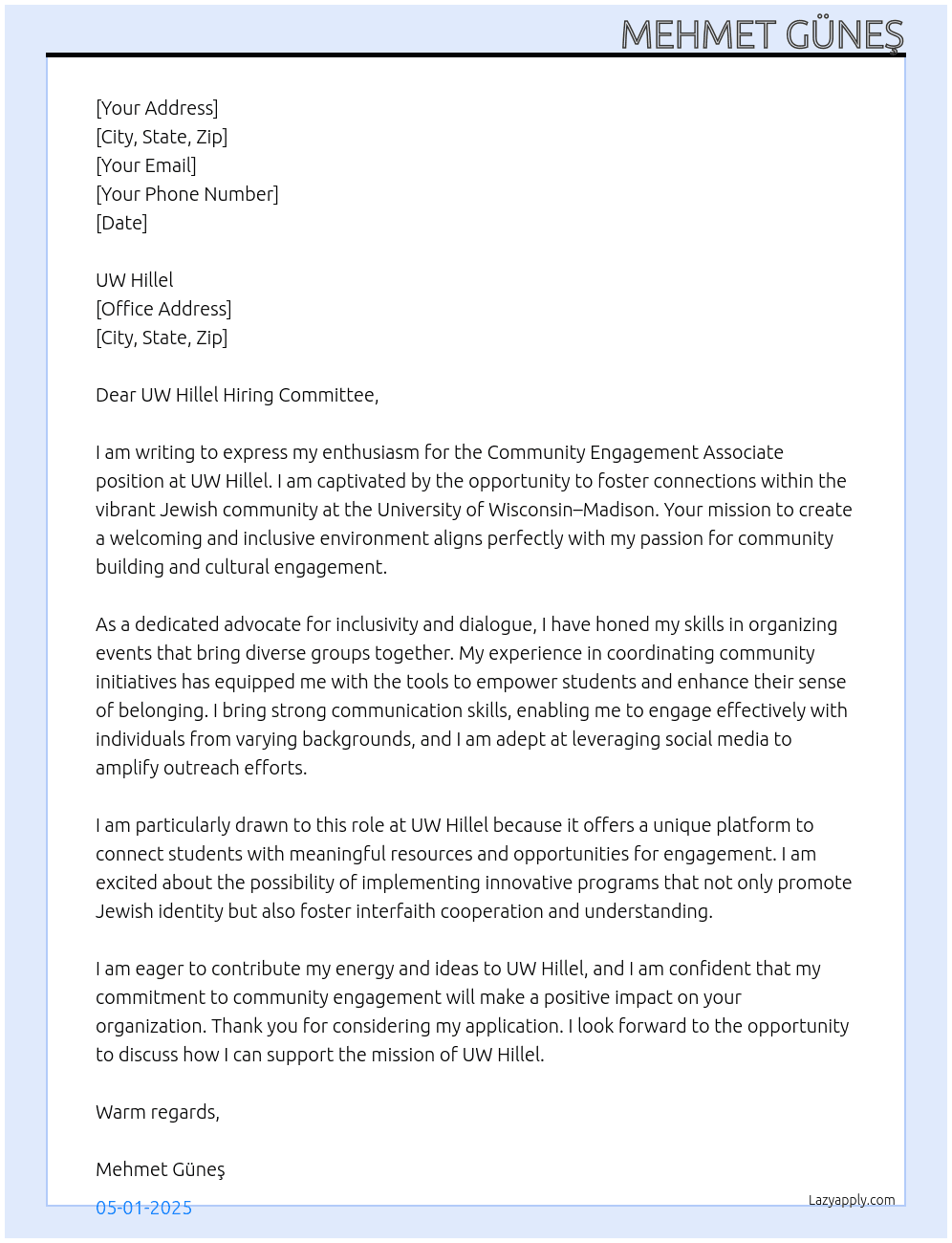 Community Engagement Associate at University of Wisconsin–Madison Hillel At UW Hillel Cover Letter