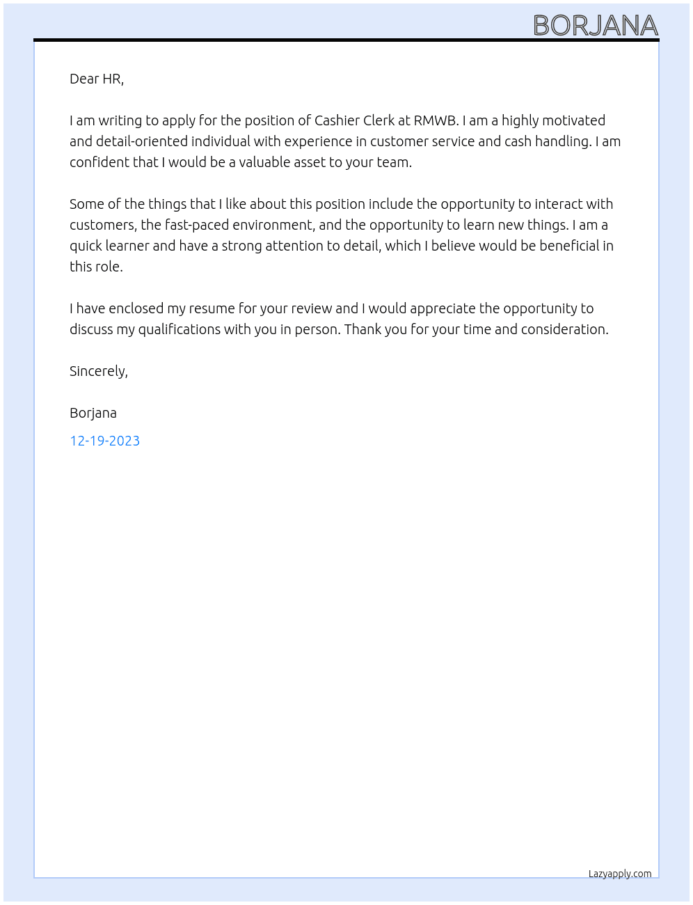 Cashier Clerk At RMWB Cover Letter