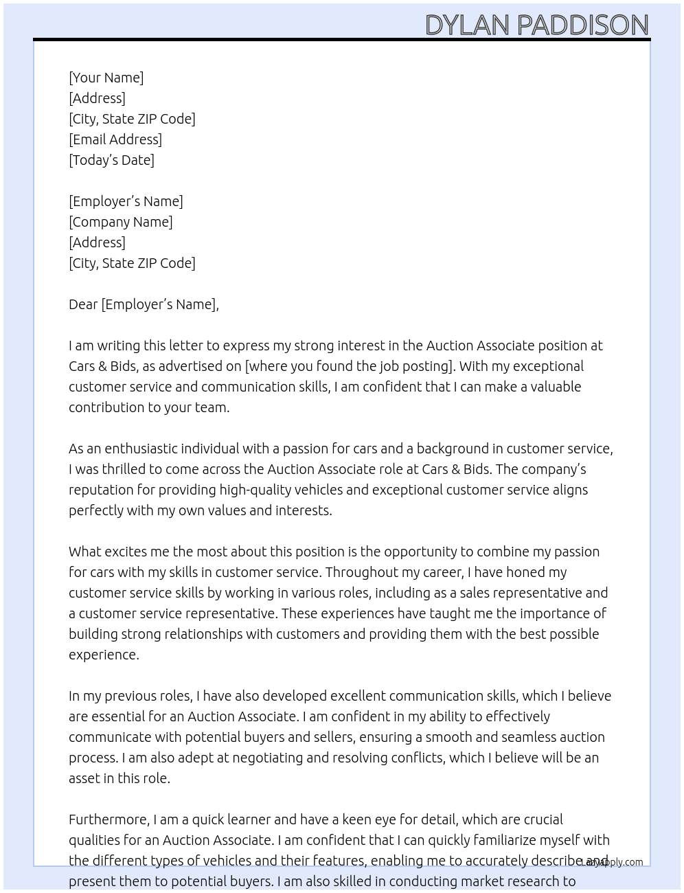 Auction Associate At Cars & Bids Cover Letter