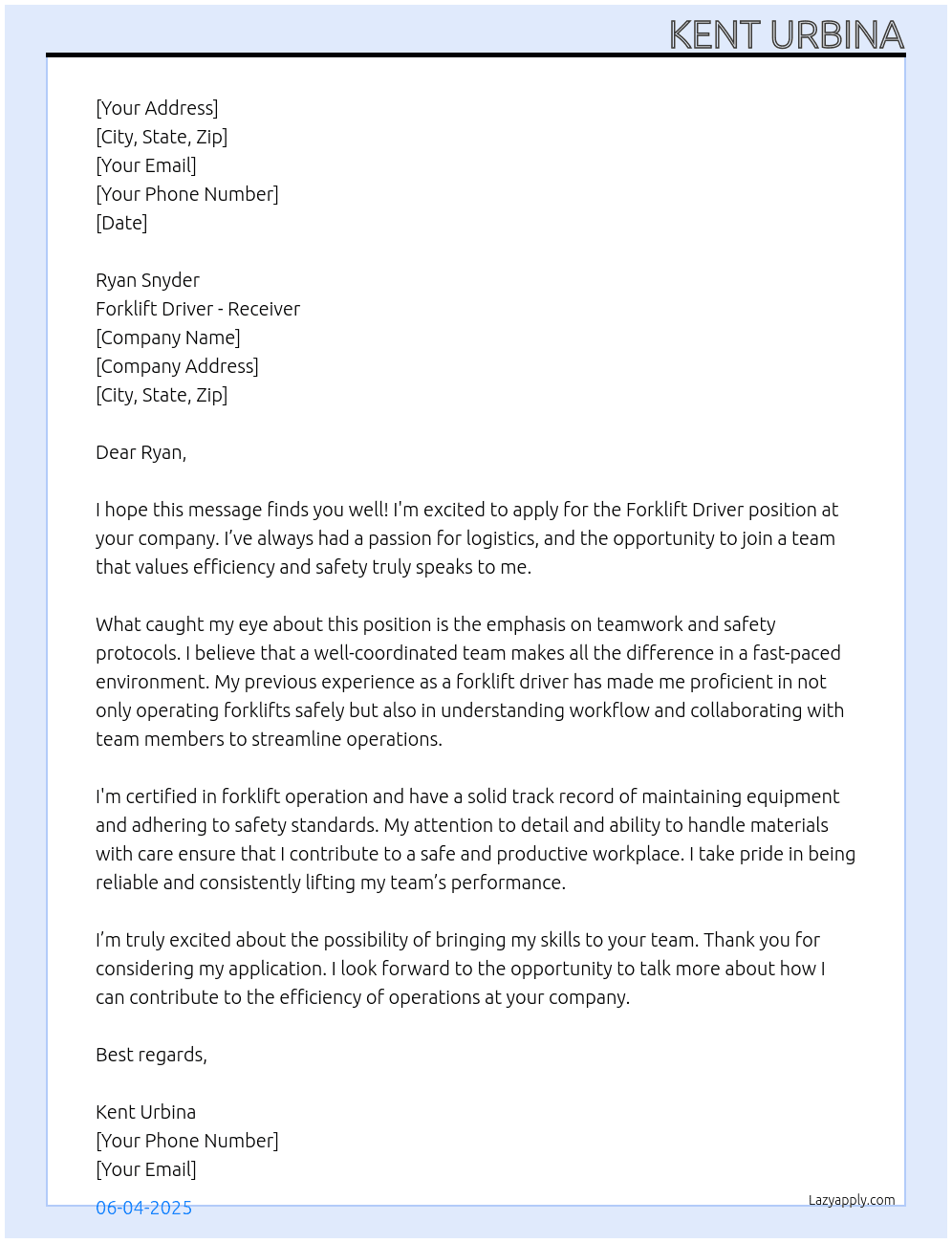 Forklift Driver At Forklift Driver - Receiver  Cover Letter