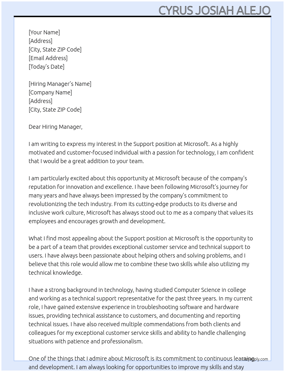 Support At Microsoft Cover Letter
