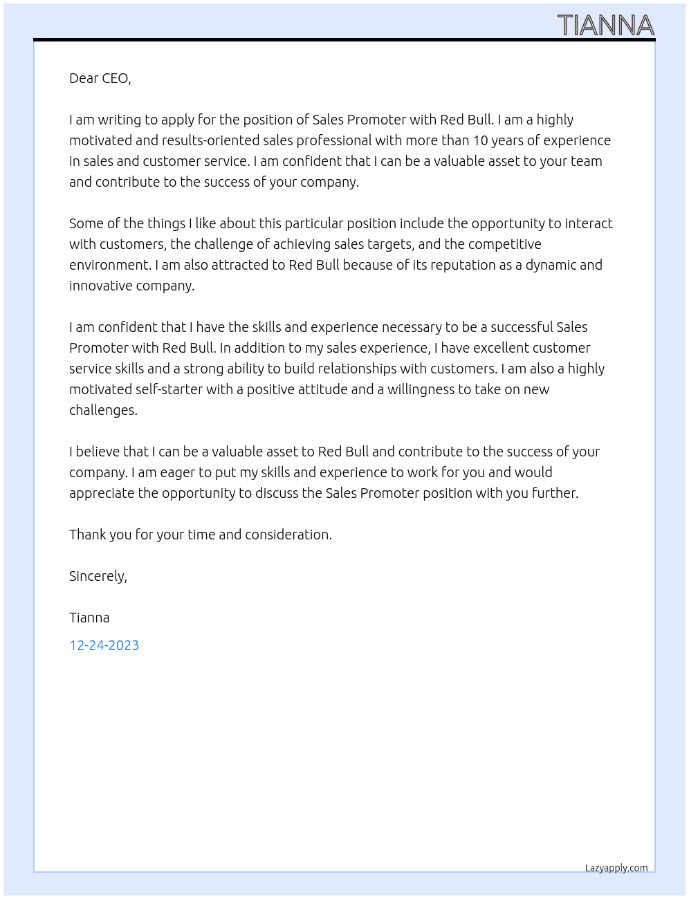 Sales Promoter At Red Bull Cover Letter