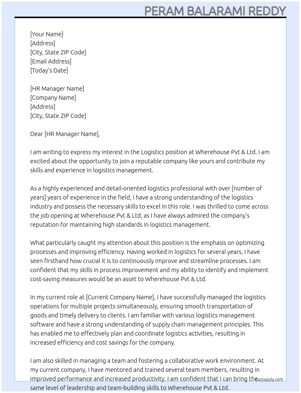 Logistics  At Wherehouse pvt & ltd Cover Letter