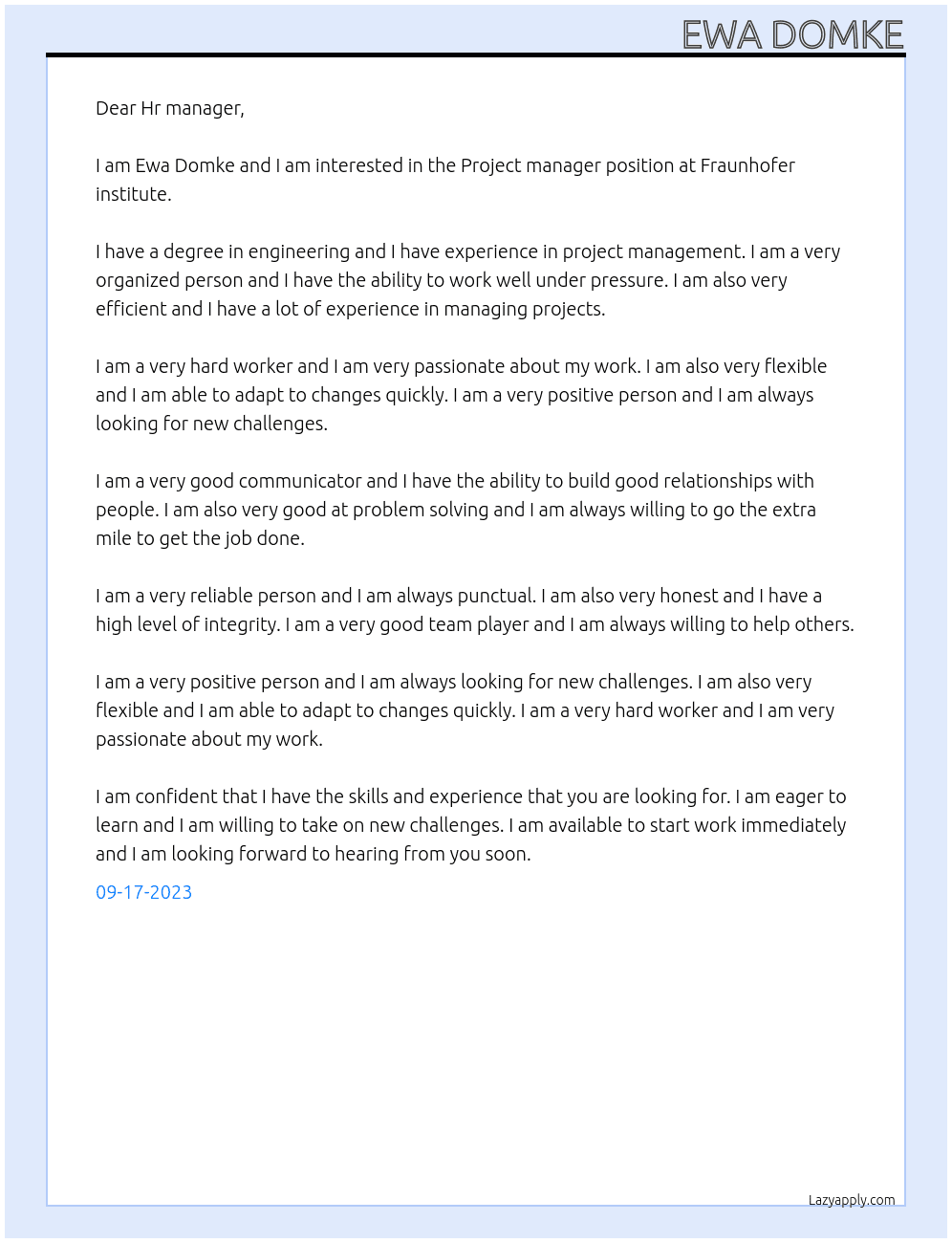 Project manager  At Fraunhofer institute Cover Letter