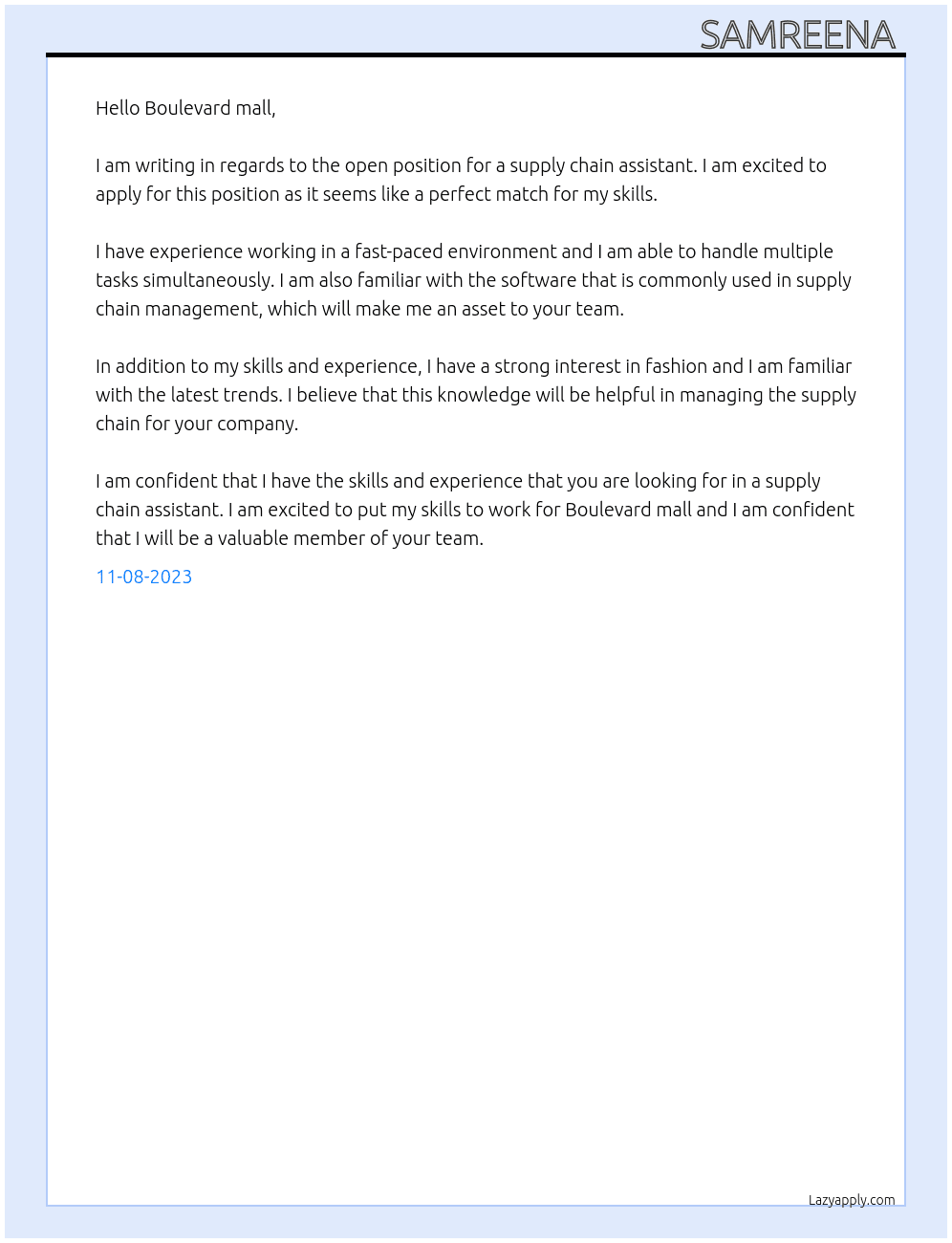 Supply chain assistant  At Boulevard mall Cover Letter