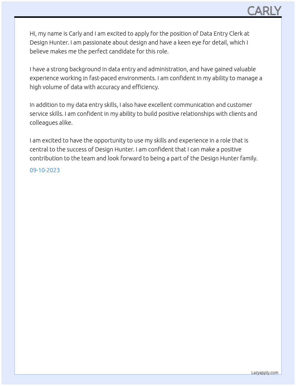 Data Entry Clerk At Design Hunter Cover Letter