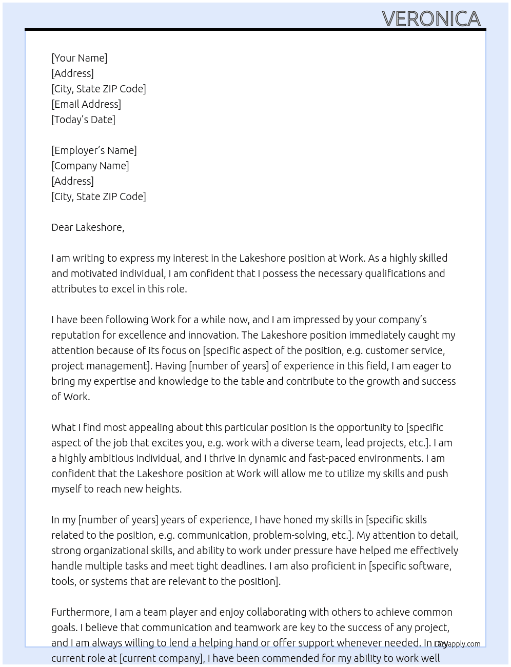 Lakeshore  At Work Cover Letter