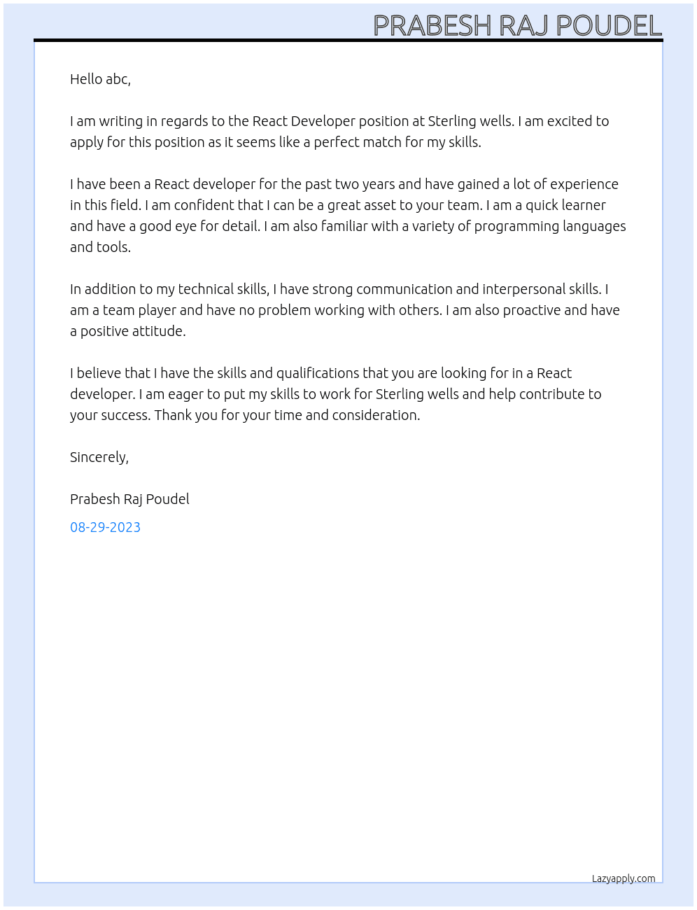 React Developer At Sterling wells Cover Letter