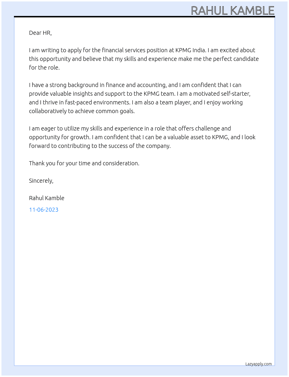 Financial Services At KPMG India Cover Letter