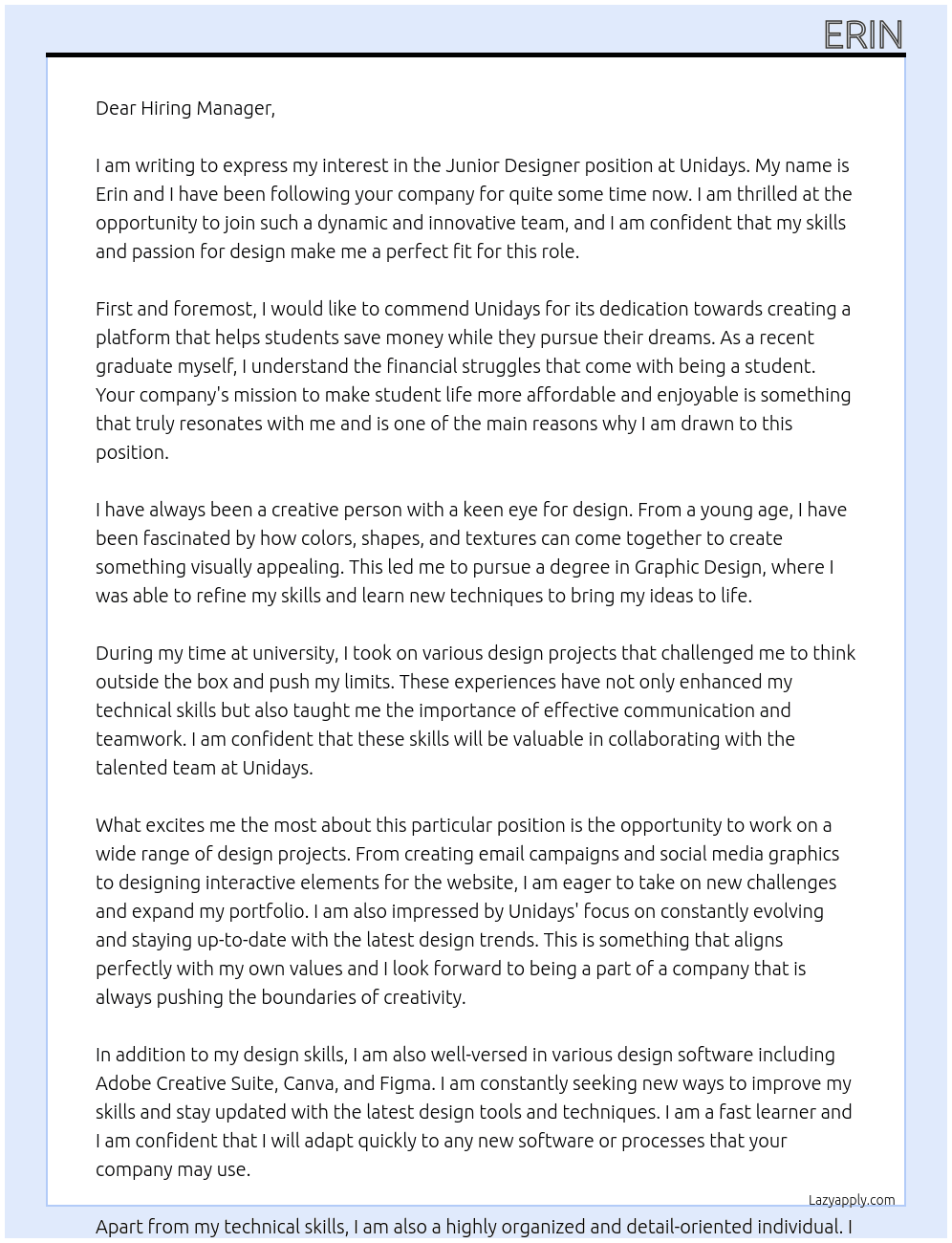 Junior Designer At Unidays Cover Letter