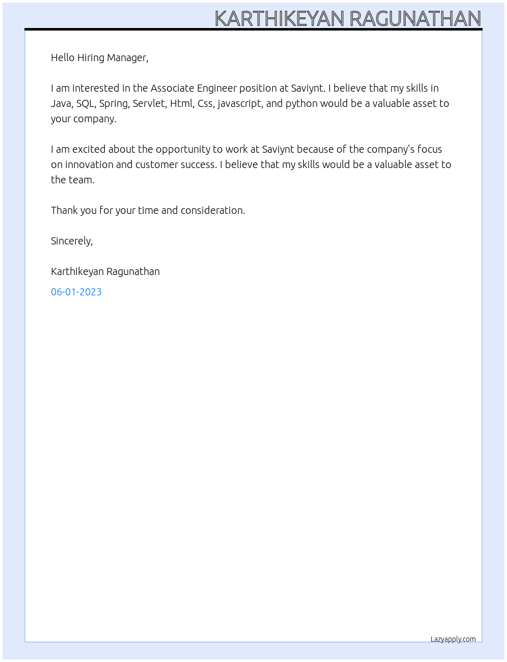 Associate Engineer  At Saviynt Cover Letter