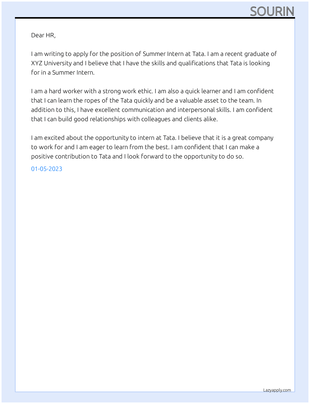Summer Intern At Tata  Cover Letter