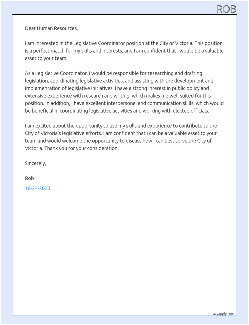Legislative Coordinator At City of Victoria Cover Letter