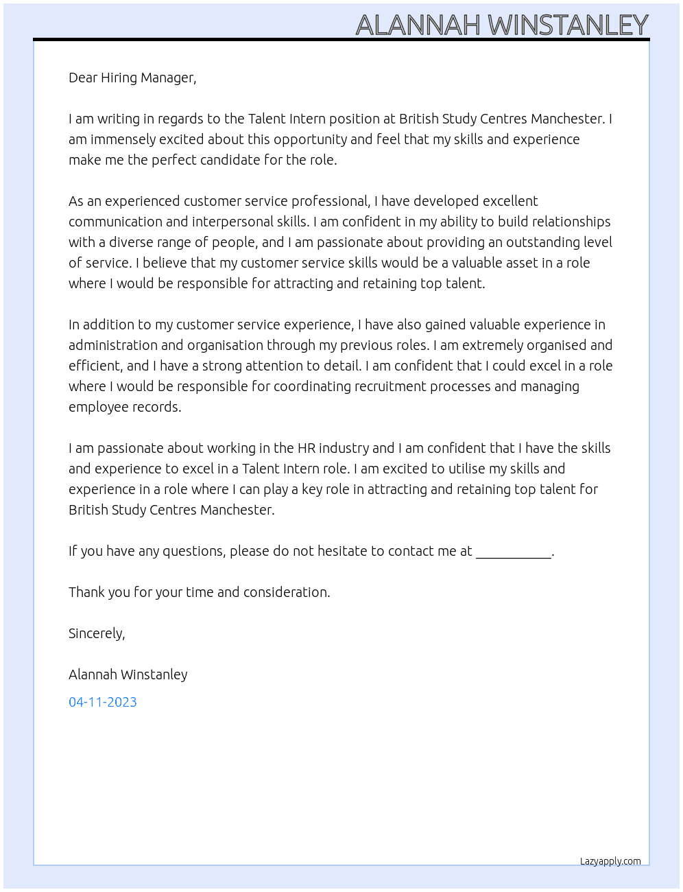 Talent Intern At British Study Centres Manchester Cover Letter