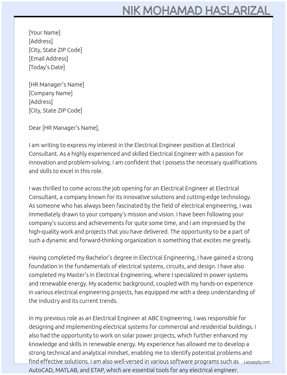 Electrical engineer At Electrical consultant  Cover Letter