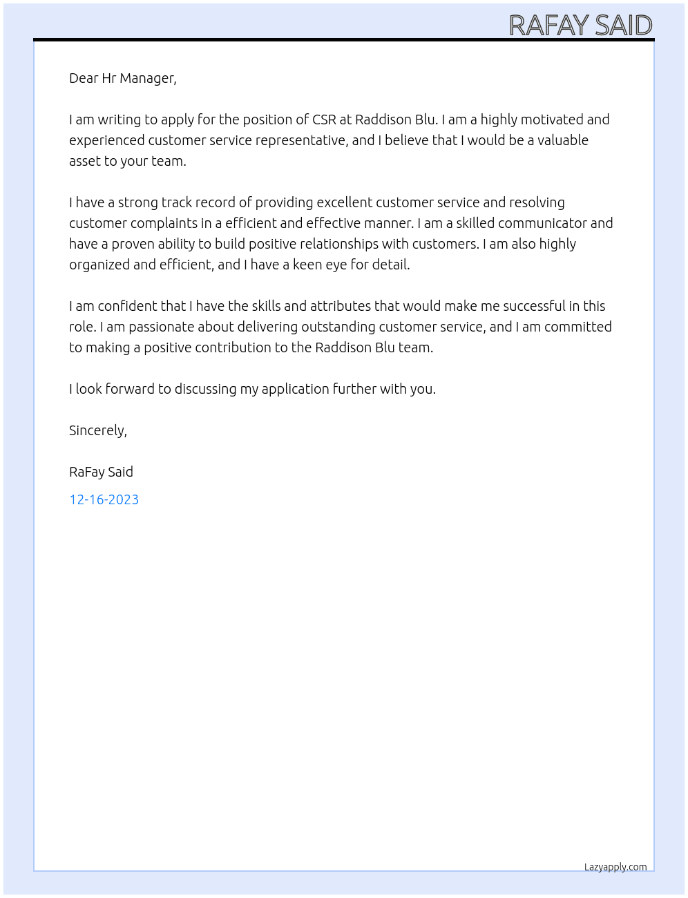CSR At Raddison Blu Cover Letter