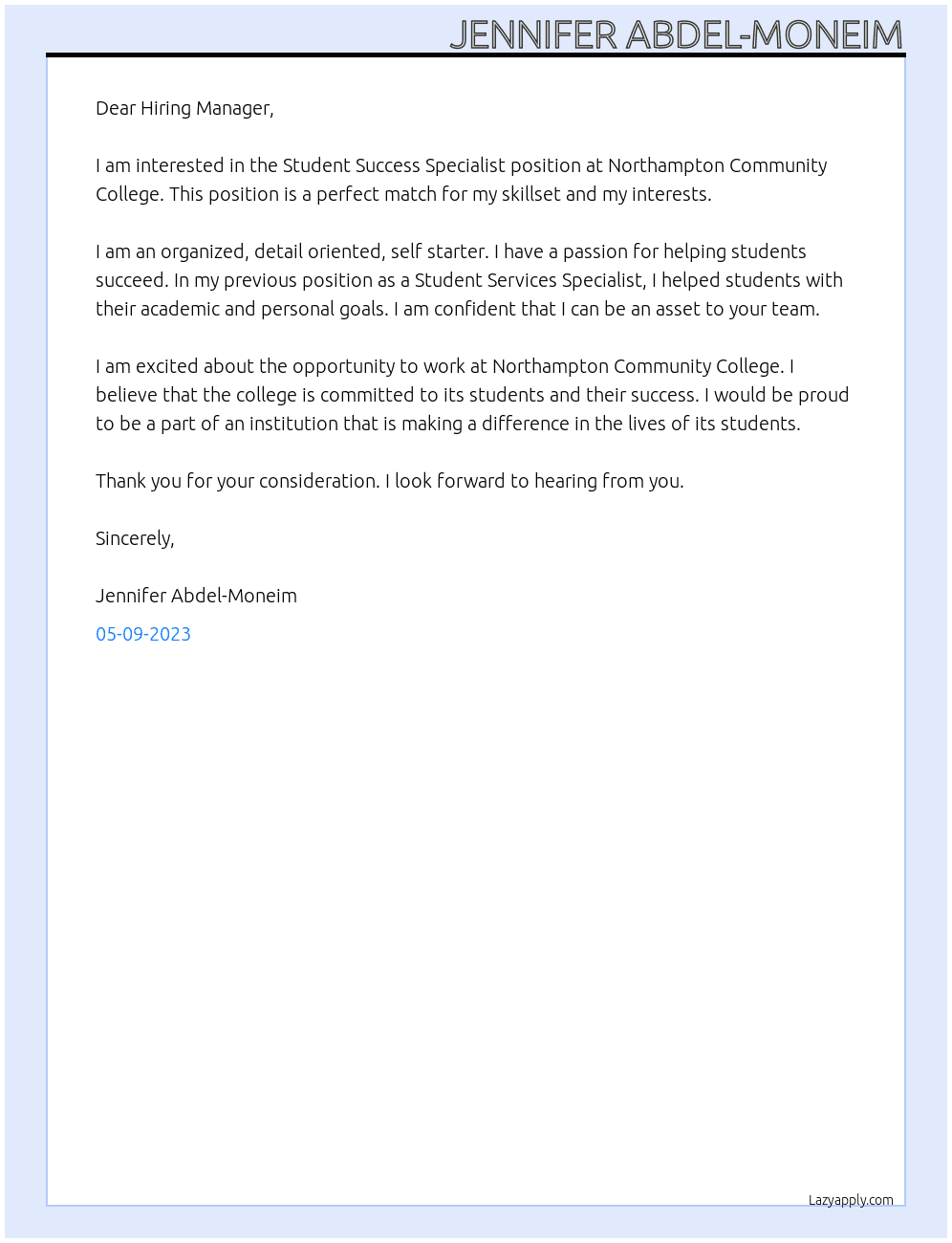 Student Success Specialist At Northampton Community College Cover Letter