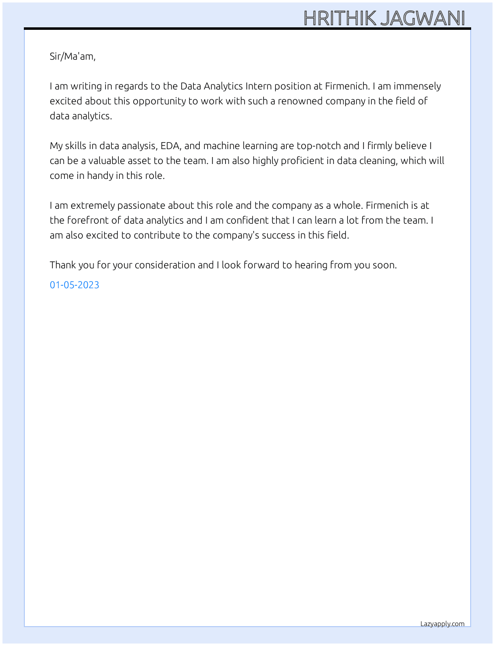 Data analytics intern At Firmenich Cover Letter