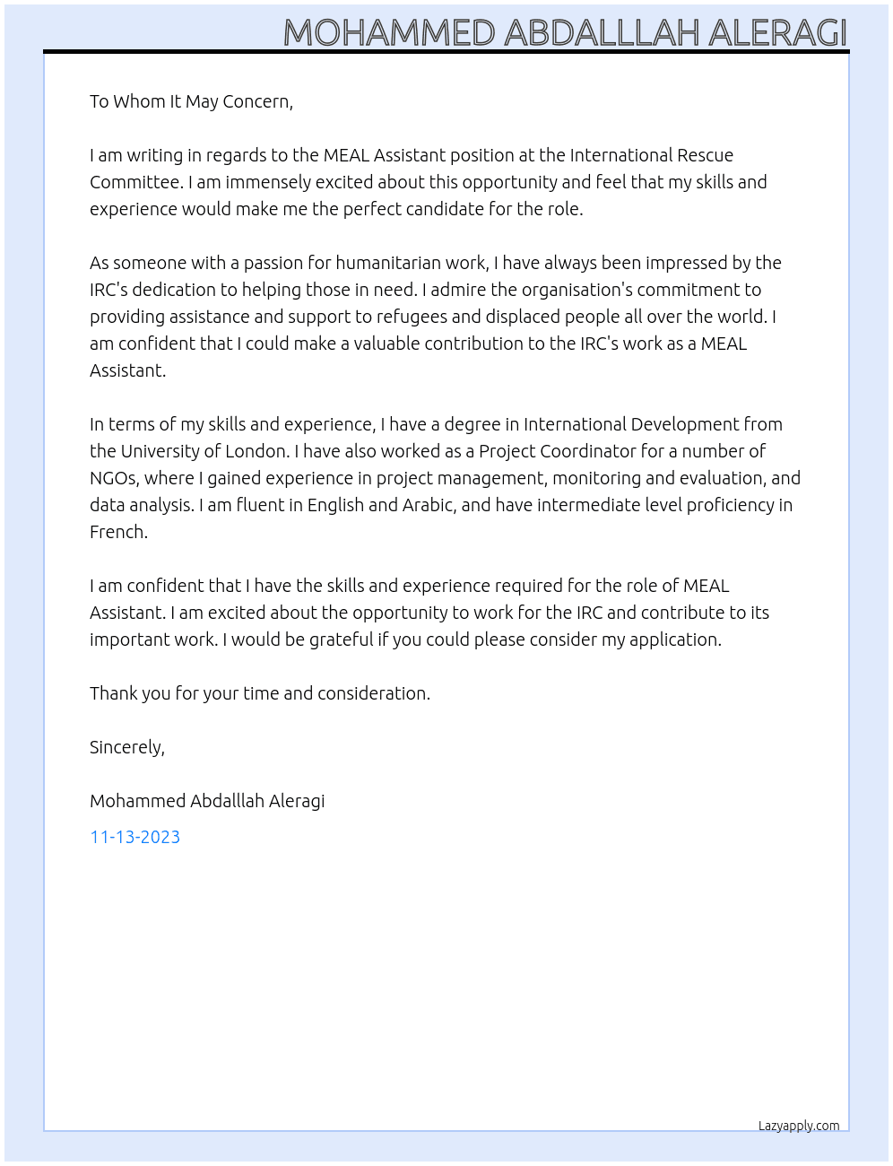 MEAL Assistant At International Rescue Committee Cover Letter