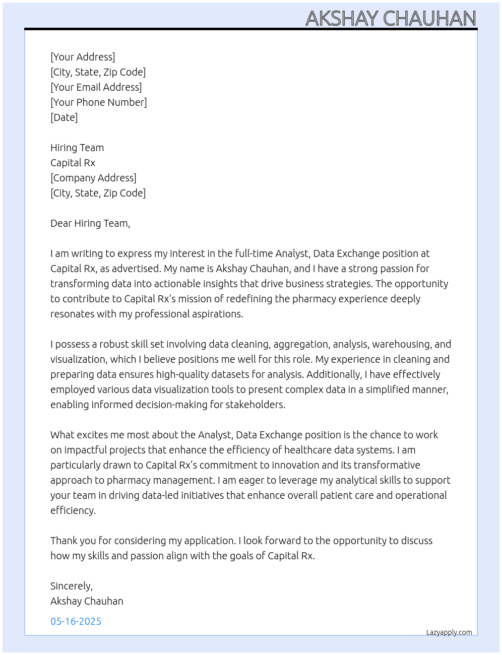 Analyst, Data Exchange At Capital Rx Cover Letter